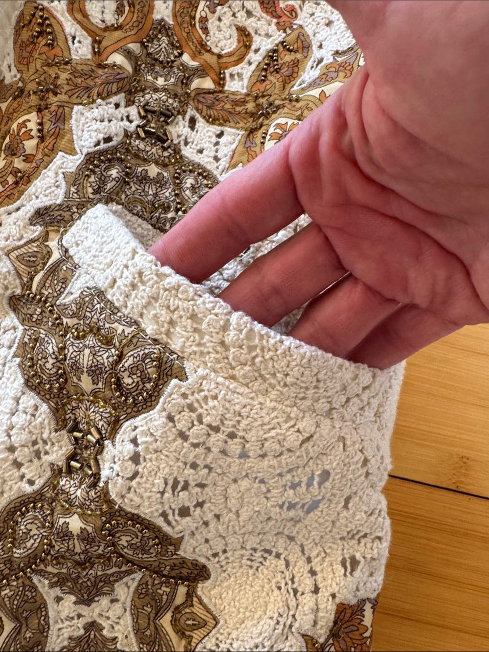 Soft Surroundings Cream and Brown Brocade Coat with Faux Fur Trim - Picture 4 of 8